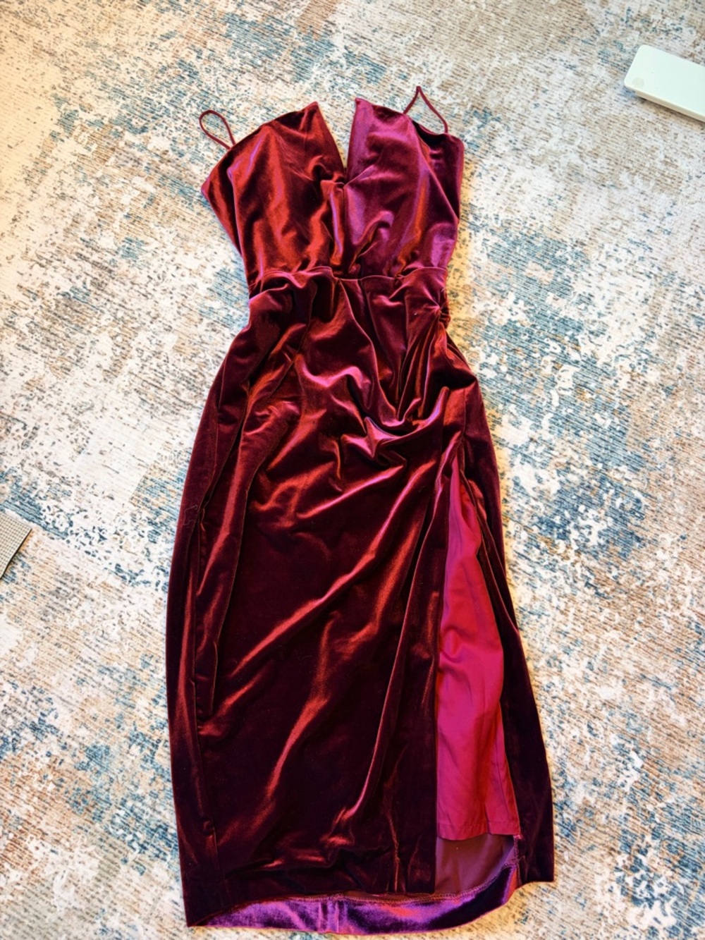 Lulu's Burgundy Velvet Midi Slip Dress with Side Slit